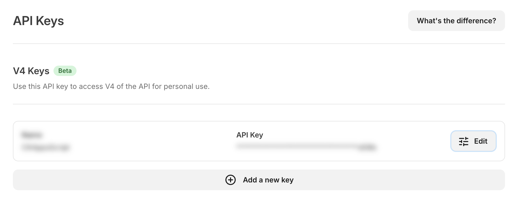 Screenshot of an API Keys management interface with a V4 key listed and an option to add a new key.