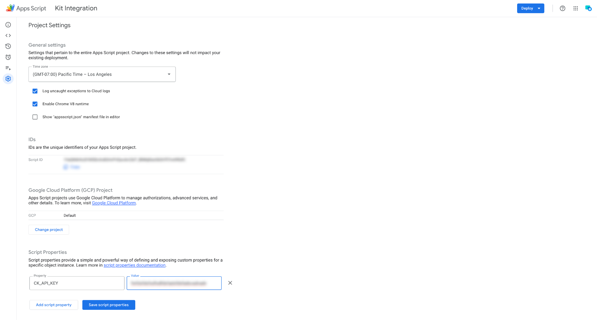 Screenshot of Apps Script Project Settings, including general settings, IDs, GCP project, and script properties.