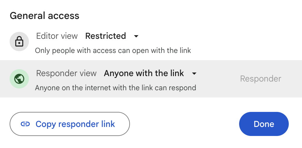 Dialog box showing general access settings with options for editor and responder views, and a button to copy the responder link.