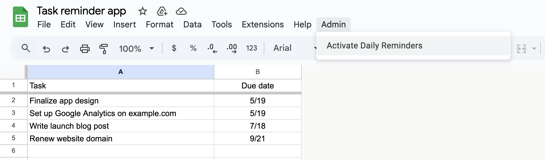 A spreadsheet titled 'Task reminder app' shows a list of tasks and due dates, with a menu option to 'Activate Daily Reminders' visible.