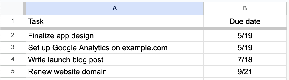 A spreadsheet showing a task list with due dates.