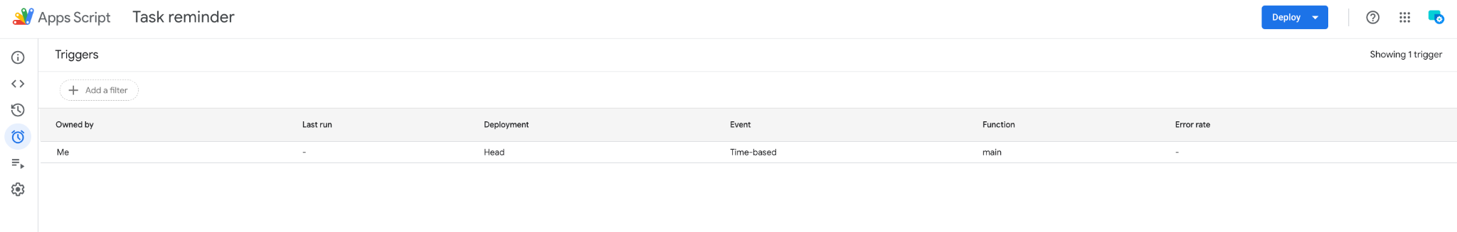 Screenshot of the Google Apps Script Triggers page, showing one time-based trigger.