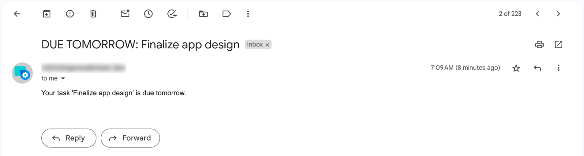 Email notification reminding the user that the app design finalization task is due tomorrow.