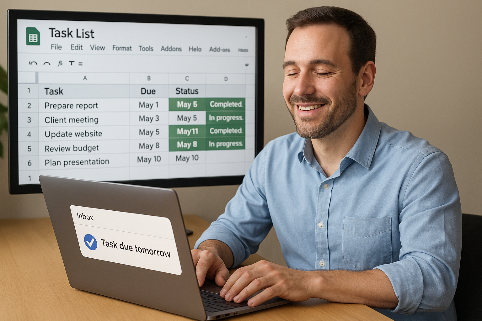 A smiling man works on a laptop with a 'Task due tomorrow' notification, with a task list visible on a monitor behind him.