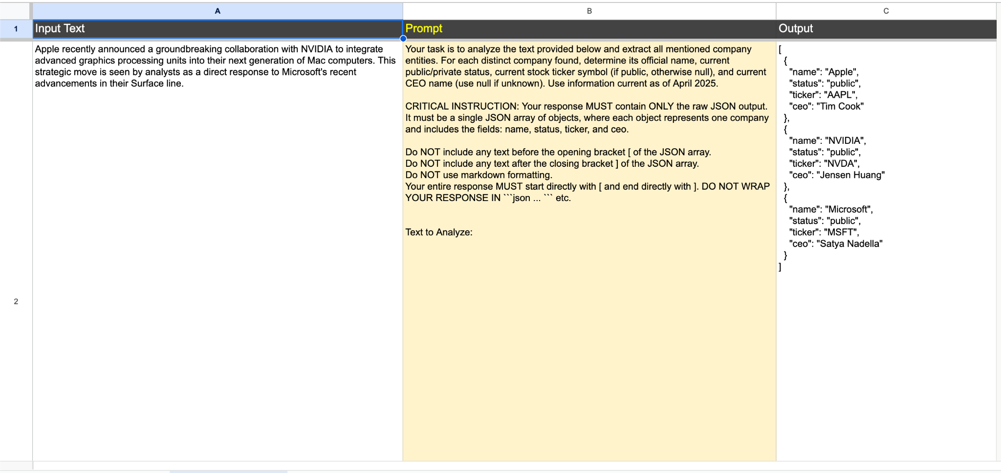 A spreadsheet showing an AI model extracting company information from text and outputting it as a JSON array.