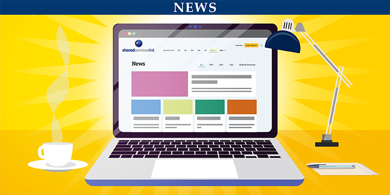 Open laptop on desk with lamp and coffee cup. Yellow background and blue banner at top with news in white