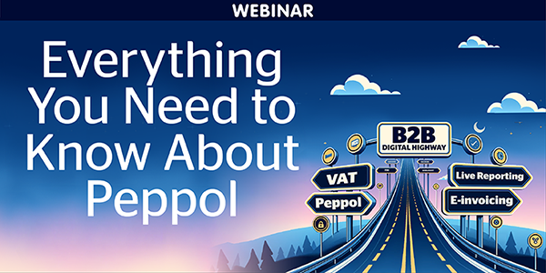 Title: Everything You Need to Know About Peppol – But Were Afraid to Ask. A design showcasing a digital road with signboards pointing to various e-invoicing topics, set against a gradient sky.