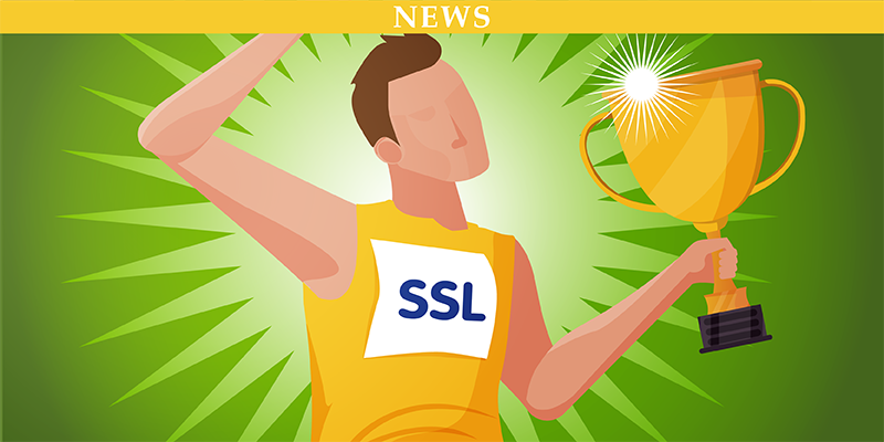 Running man holding a gold trophy on a green background