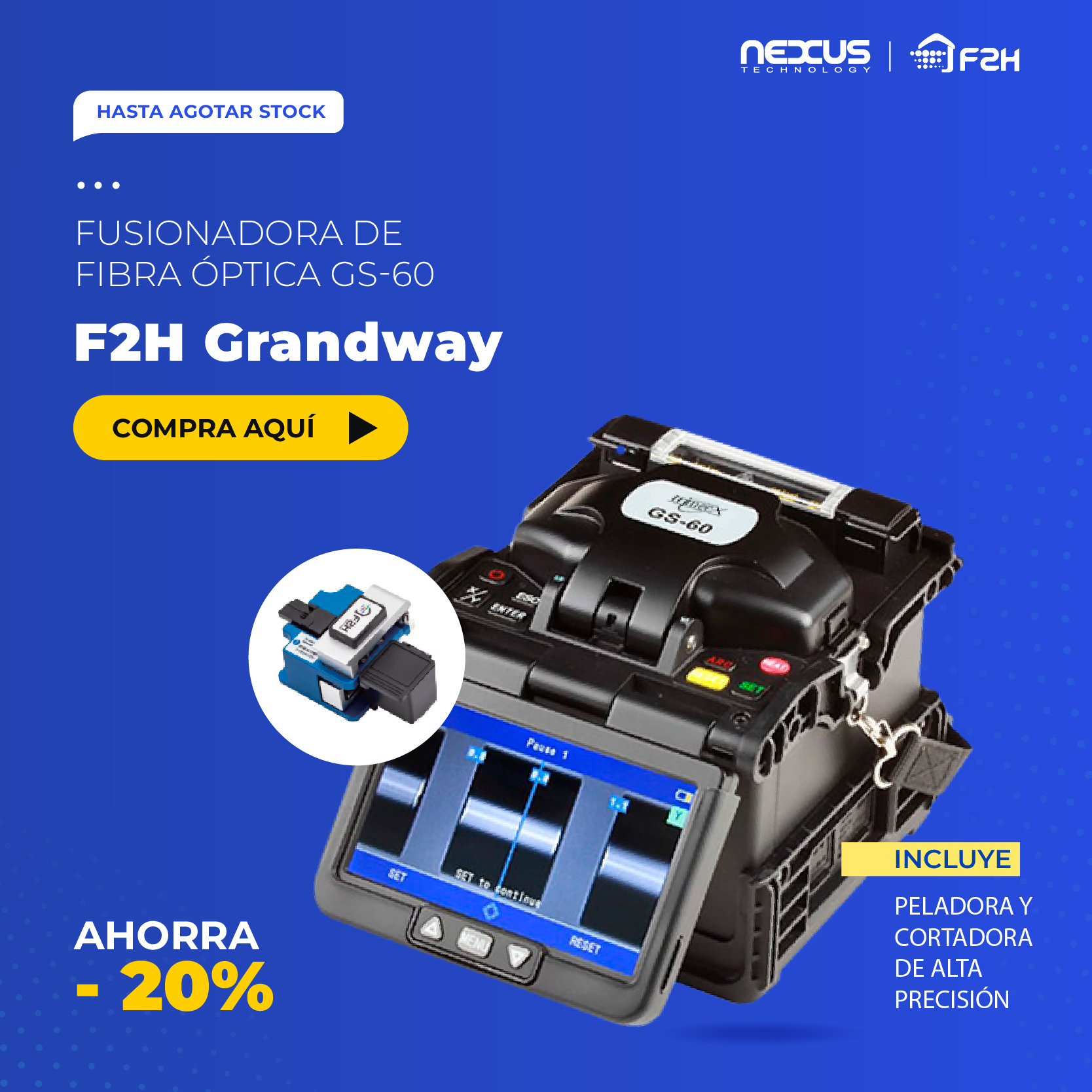 Fusionadora de fibra Optica F2H GS-60-KIT. Cortadora de alta precision