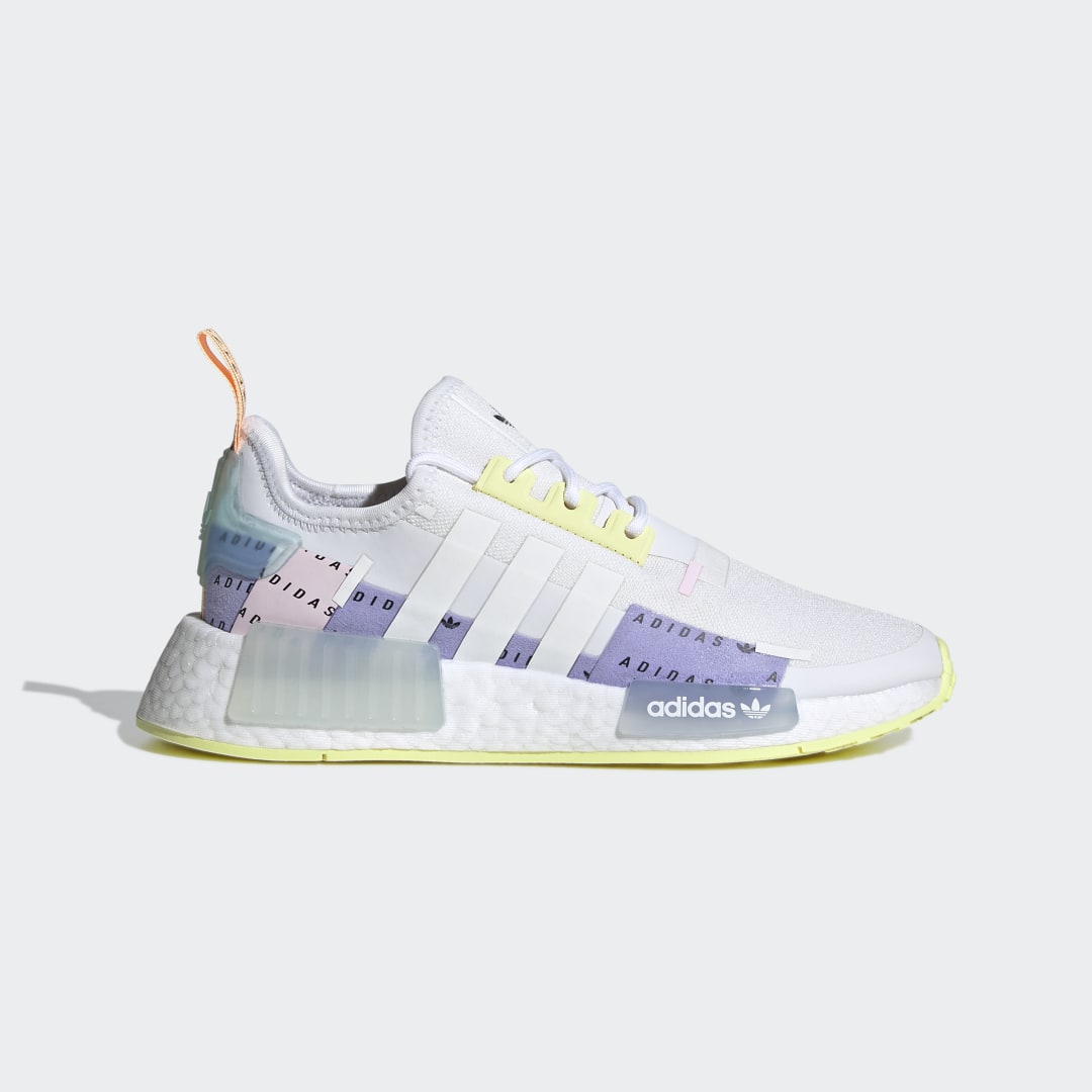 white nmds with purple