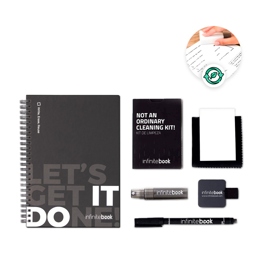 STARTER KIT INFINITEBOOK. Set composto da un 'Infinitebook' con copertina rigida, 1 kit di pulizia, 1 pennarello e 1 porta pennarello