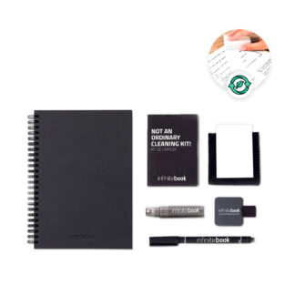 STARTER KIT INFINITEBOOK A5 PLANNER TEXTURE. Set composto da un 'Infinitebook' con copertina rigida, 1 kit di pulizia, 1 pennarello e 1 porta pennarello