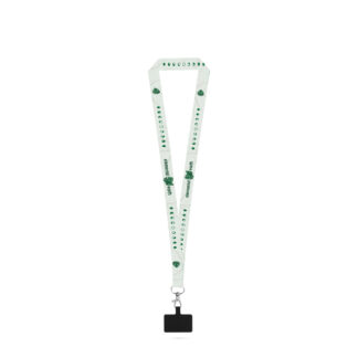 EPSOM. Lanyard per sublimazione in poliestere riciclato (100% rPET) con moschettone, chiusura di sicurezza e supporto per smartphone