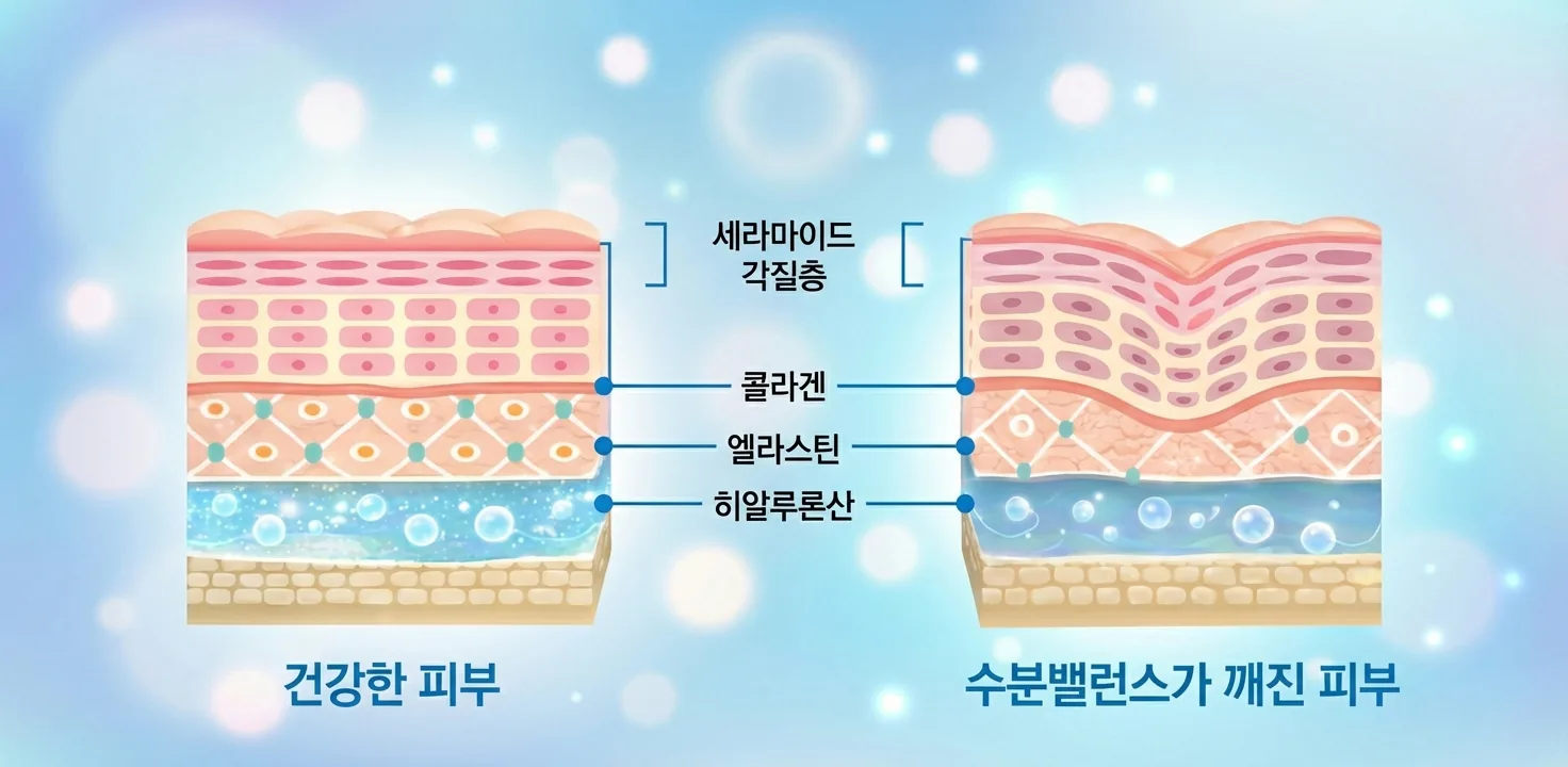 건강한 피부와 수분밸런스가 깨진 피부 비교