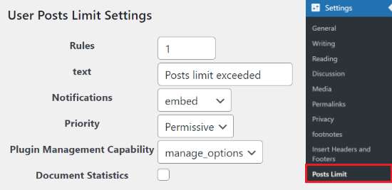 limiting posts by users settings