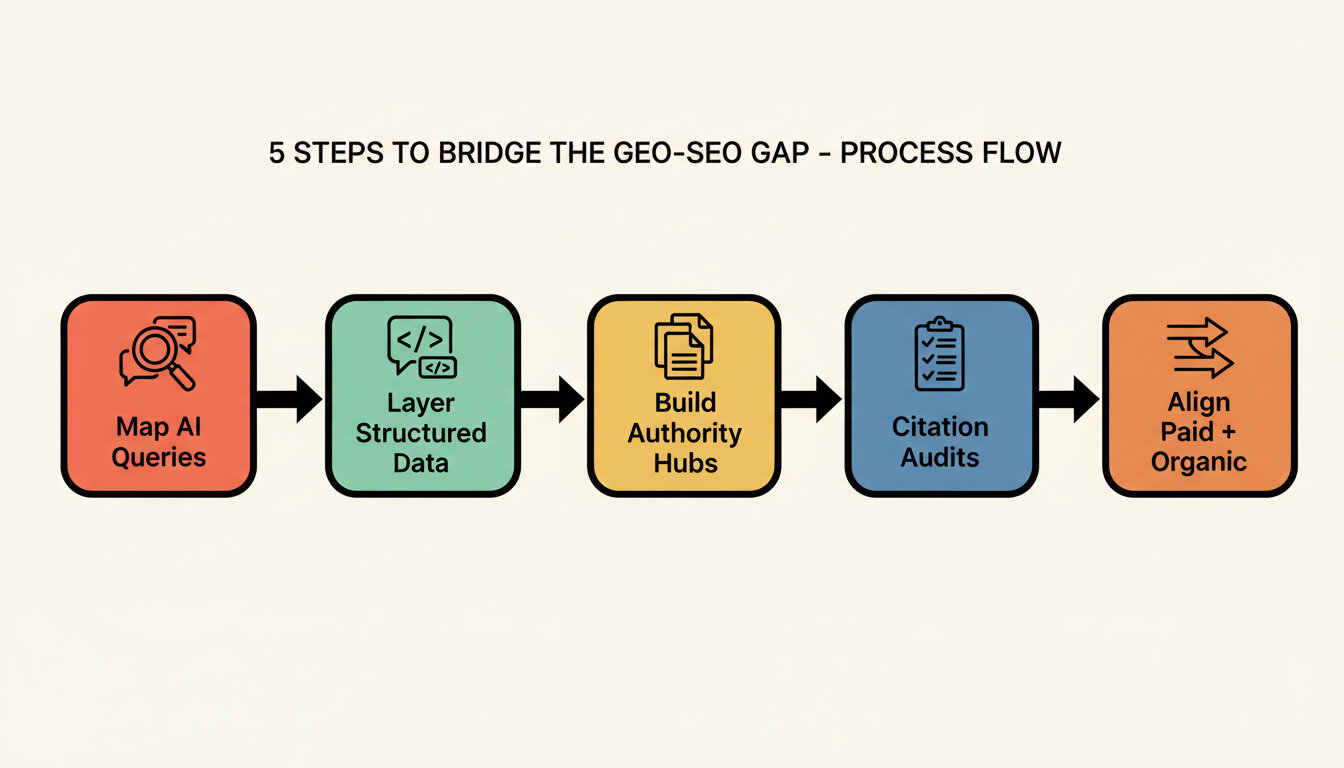 Five practical steps to bridge the GEO-SEO gap — map AI queries, layer structured data, build authority hubs, run citation audits, and align paid with organic