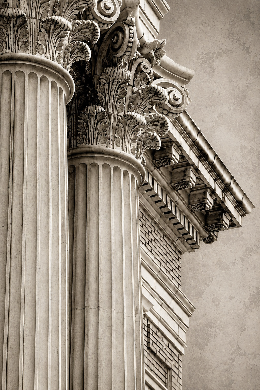 Ornate Corinthian columns and architectural details of a classical building.
