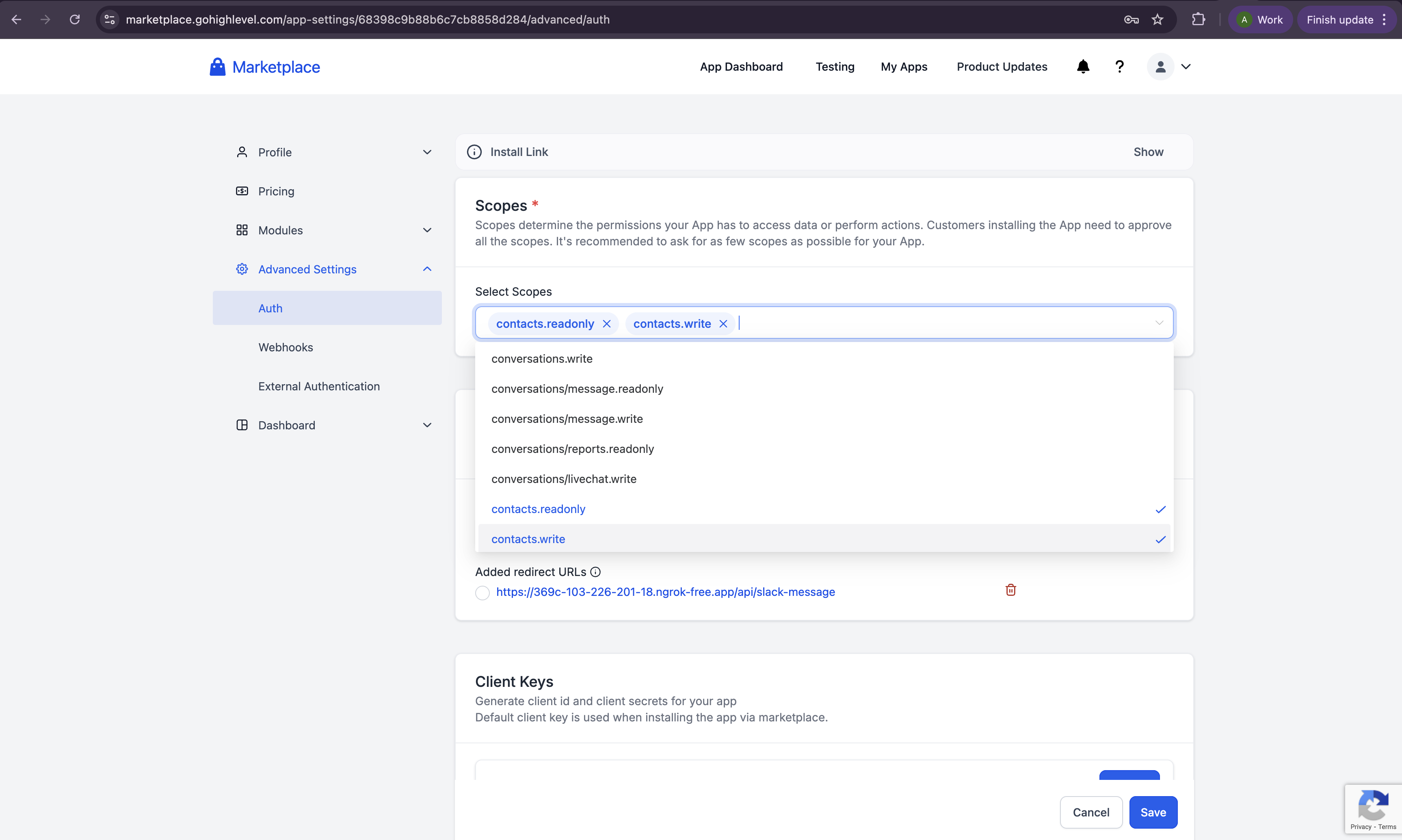 OAuth Scopes Configuration
