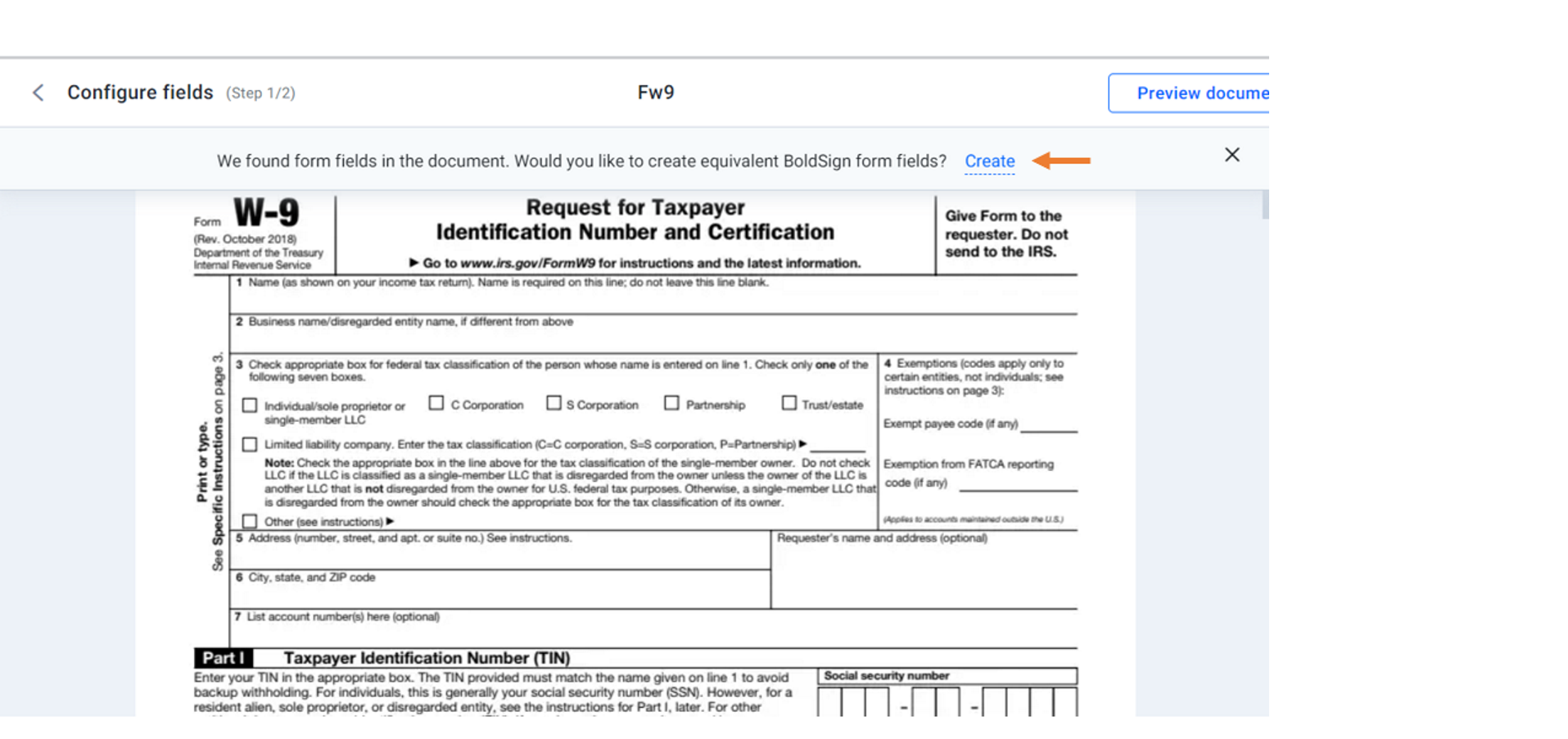 W-9 tax form uploaded to BoldSign