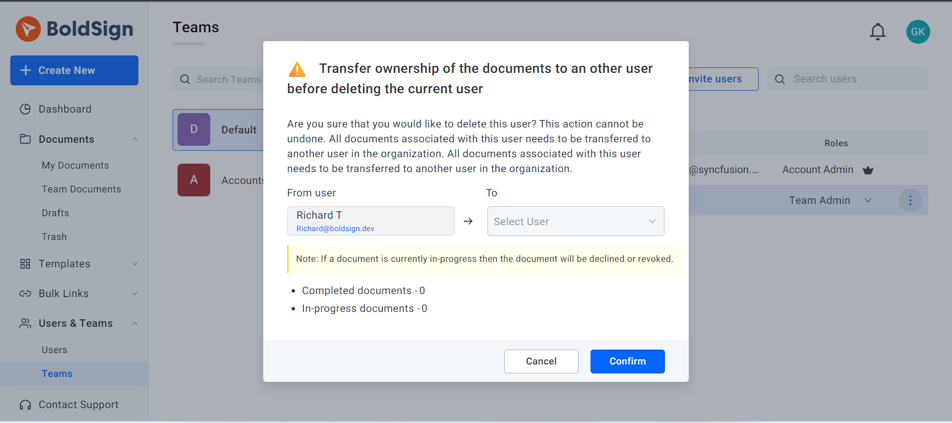 Transferring documents from one user to another user