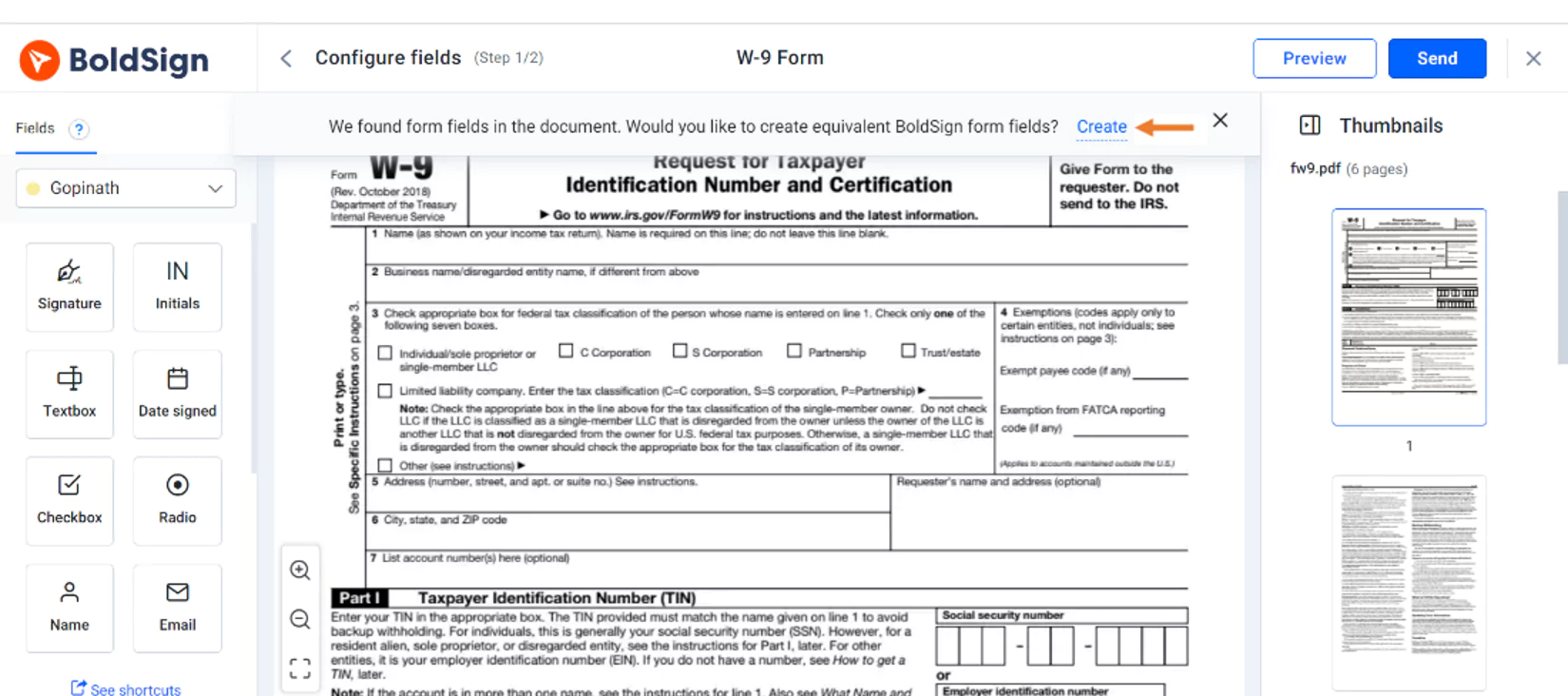 W-9 tax form uploaded to BoldSign