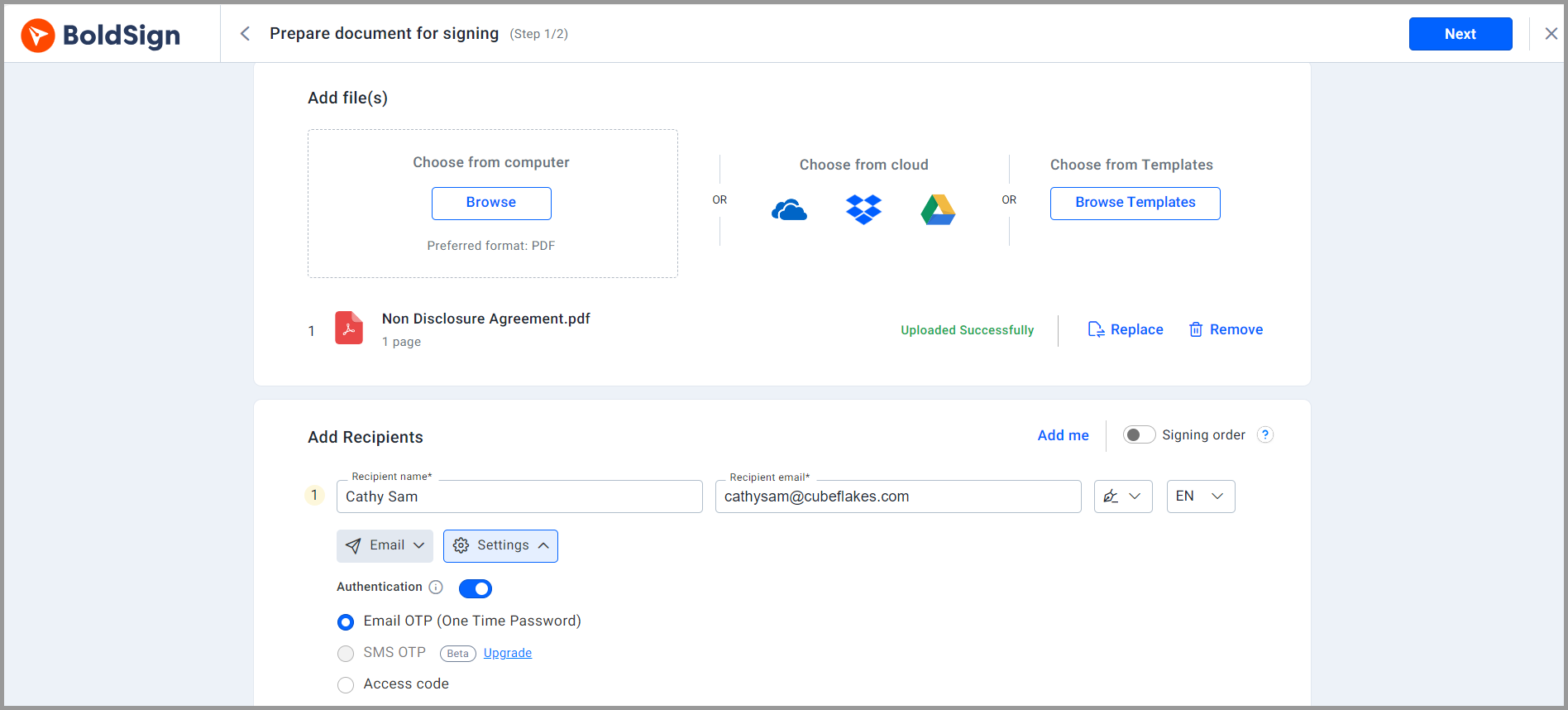 Add authentication during signature request