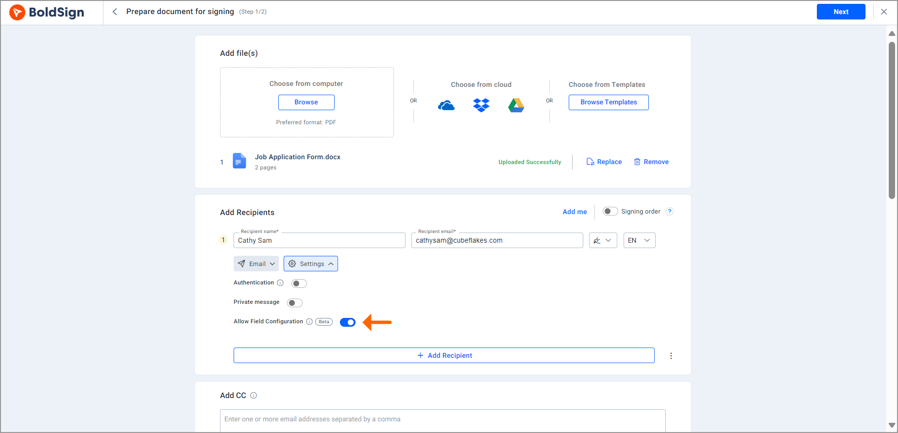 Allow configure field