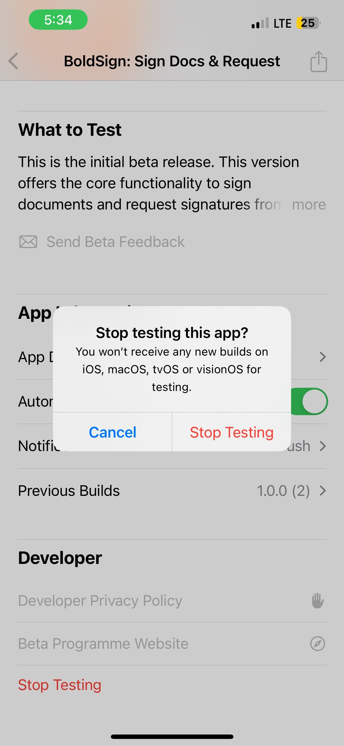 Confirmation to Stop Testing on iOS