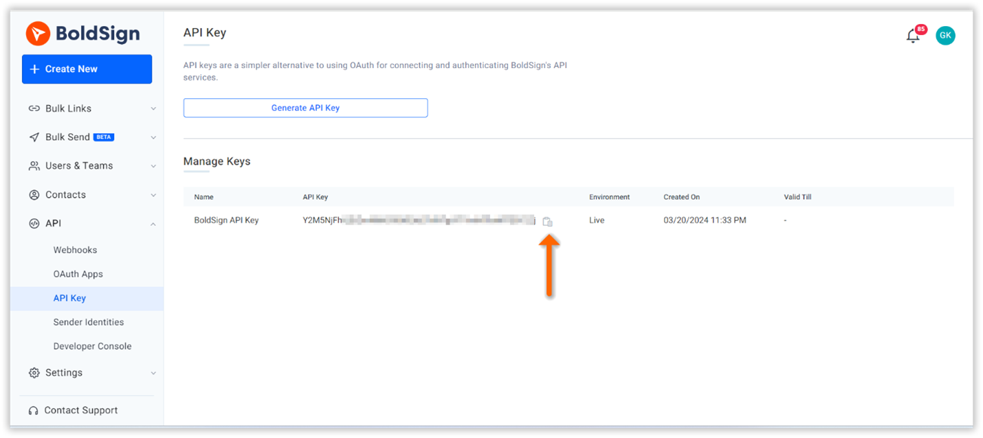 Copy API key