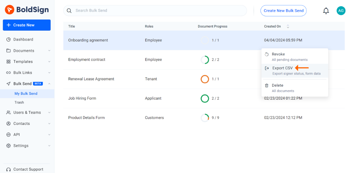 Export Bulk Send Document Responses to a CSV File