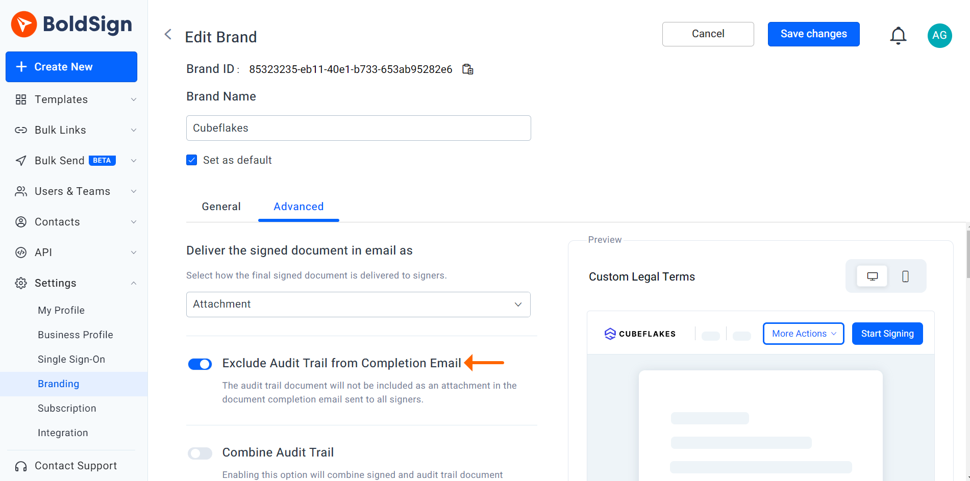 Exclude audit trail document from email option