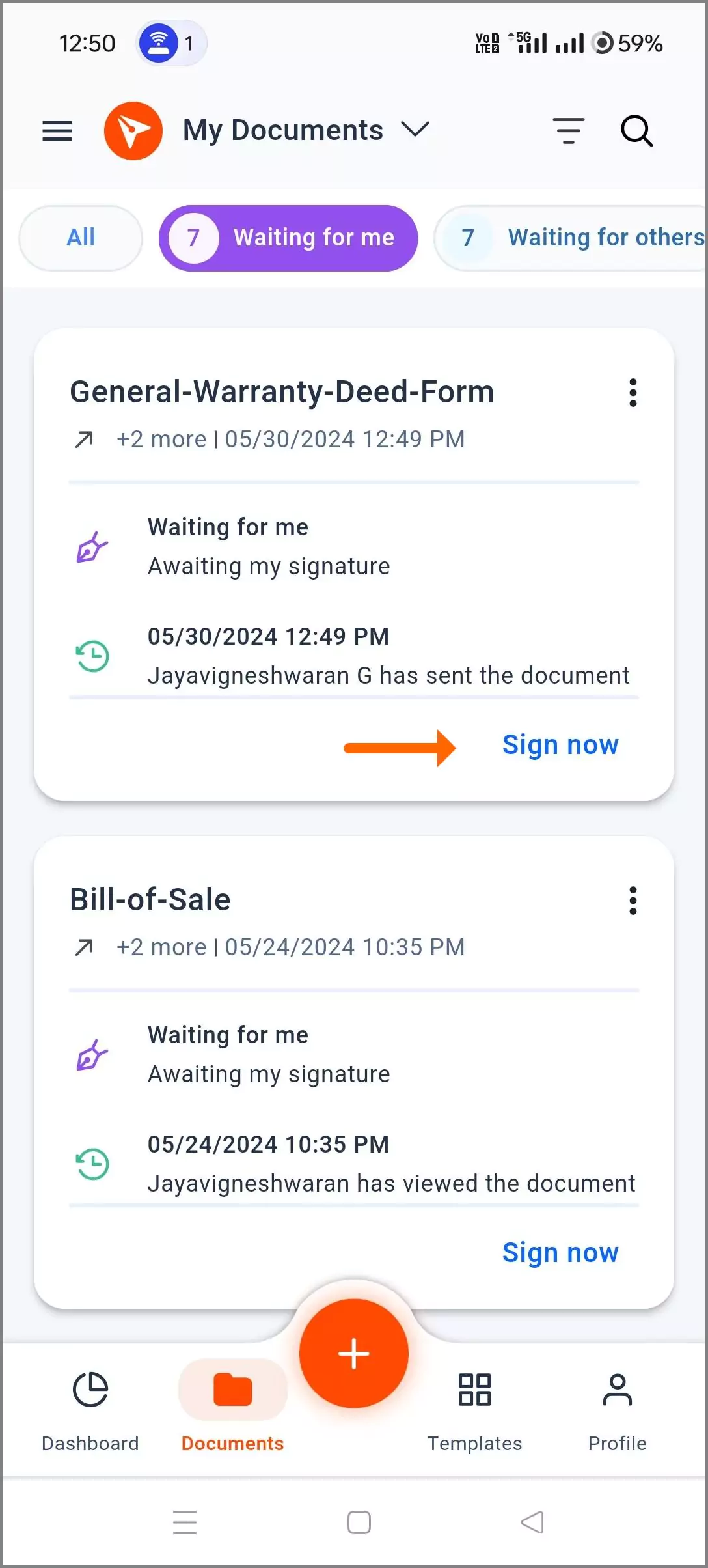 Document with Sign Now Option