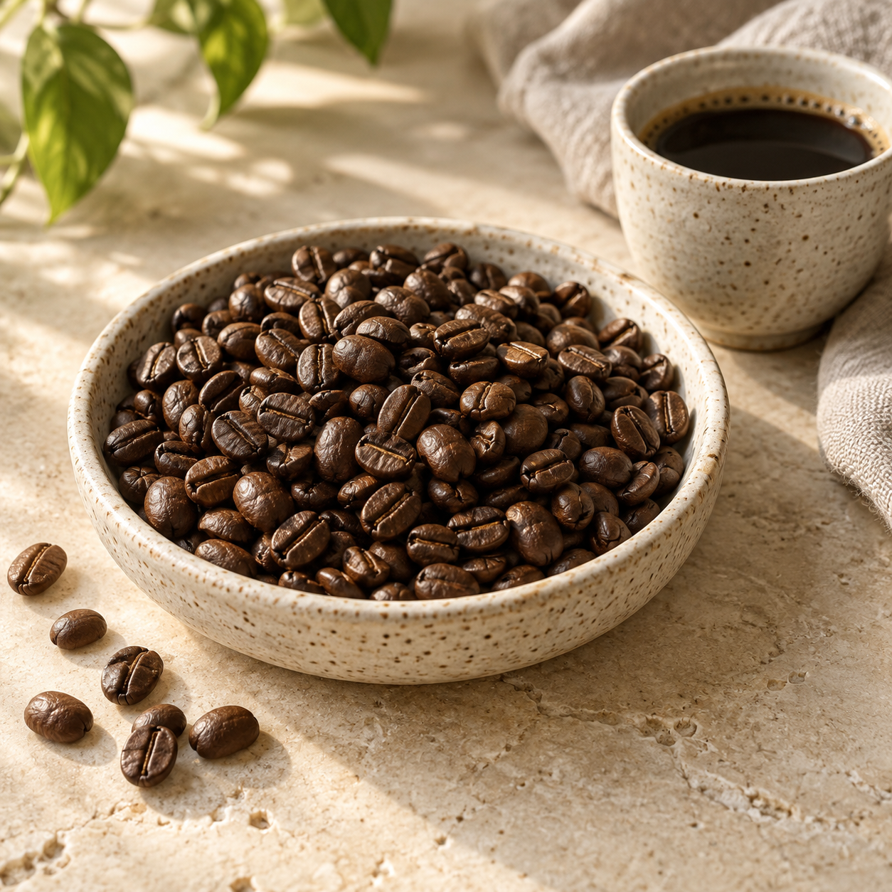 Coffee beans and a cup in cream stoneware