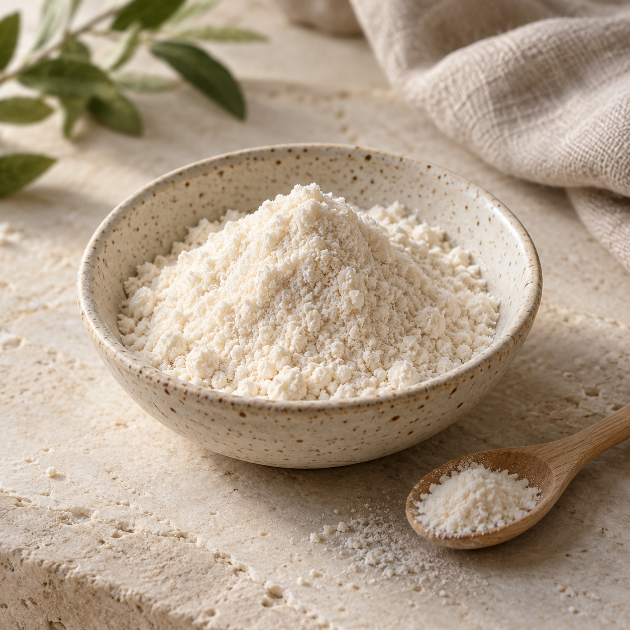 Fine pale sugar in a ceramic bowl