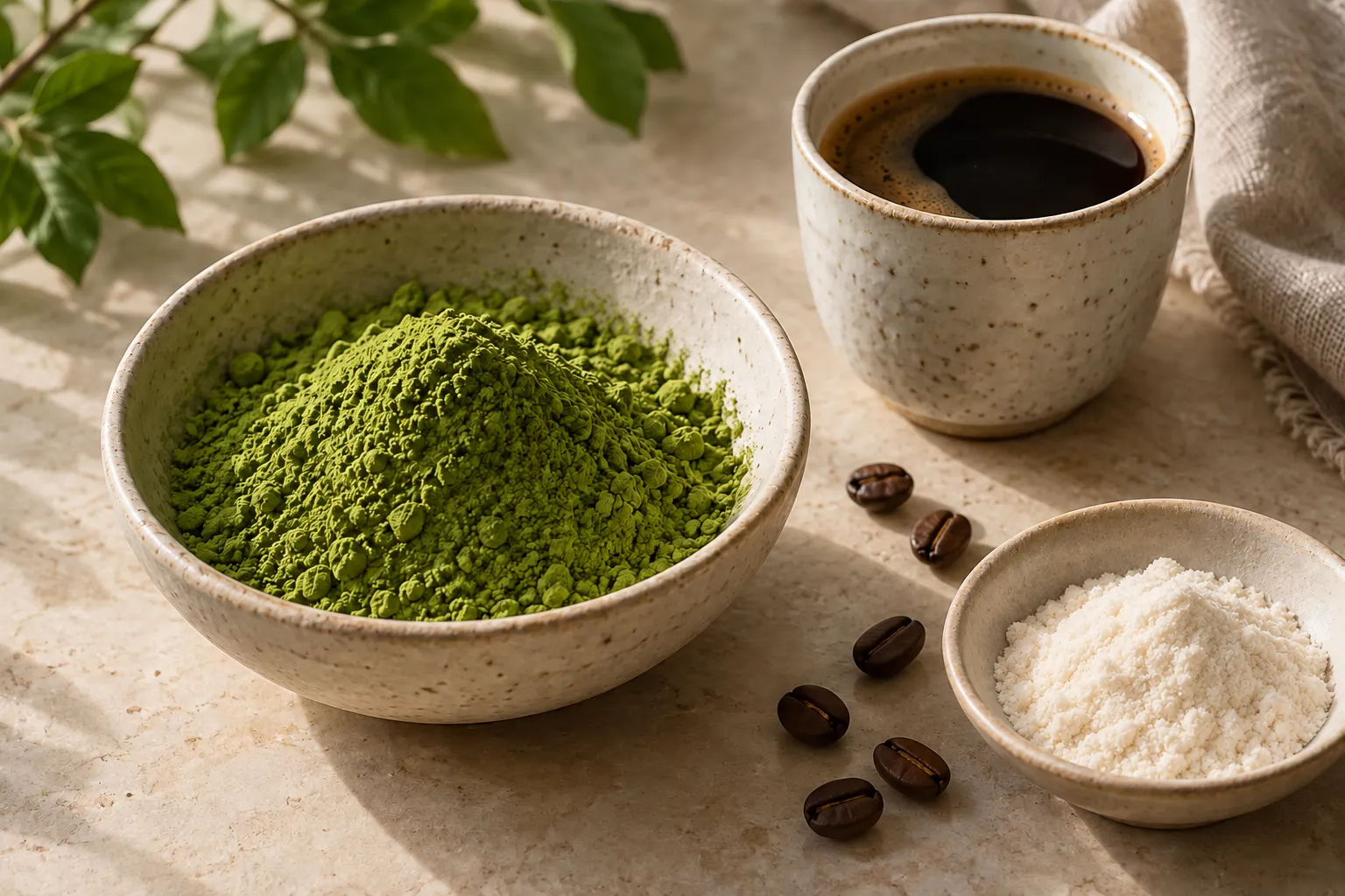 Matcha, coffee and fine sugar on a warm stone surface