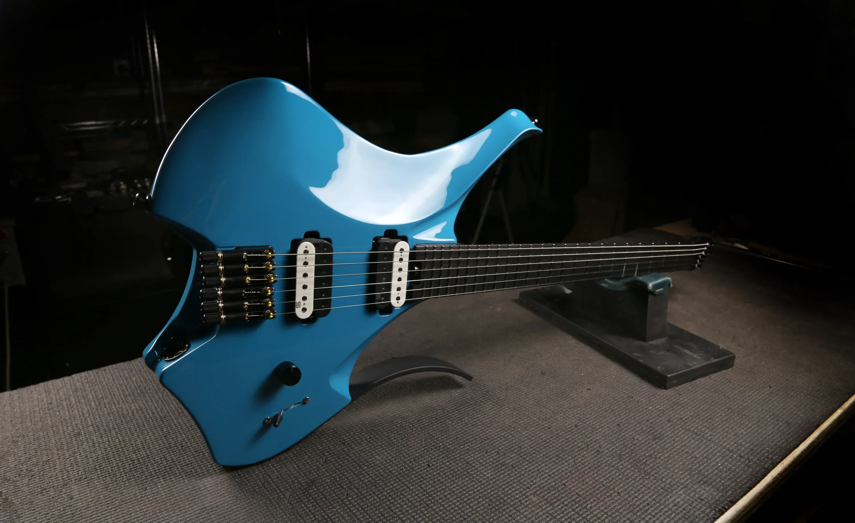 Miami blue Dean Gordon headless Virtus guitar