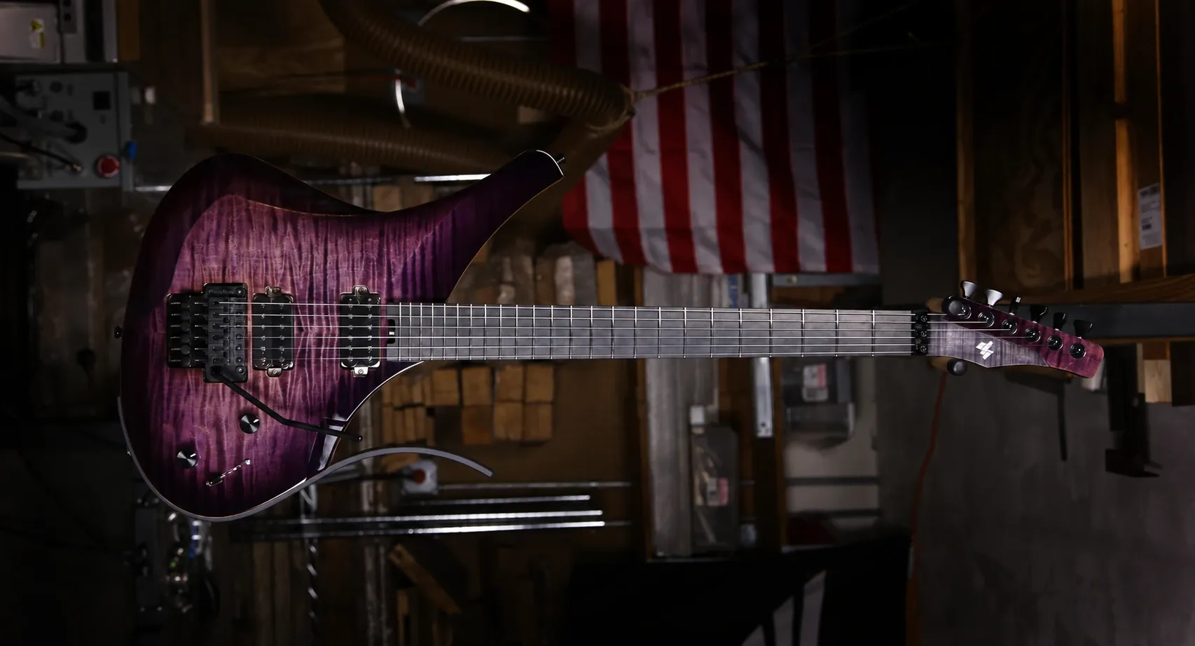 Purple figured maple Virtus guitar in the workshop