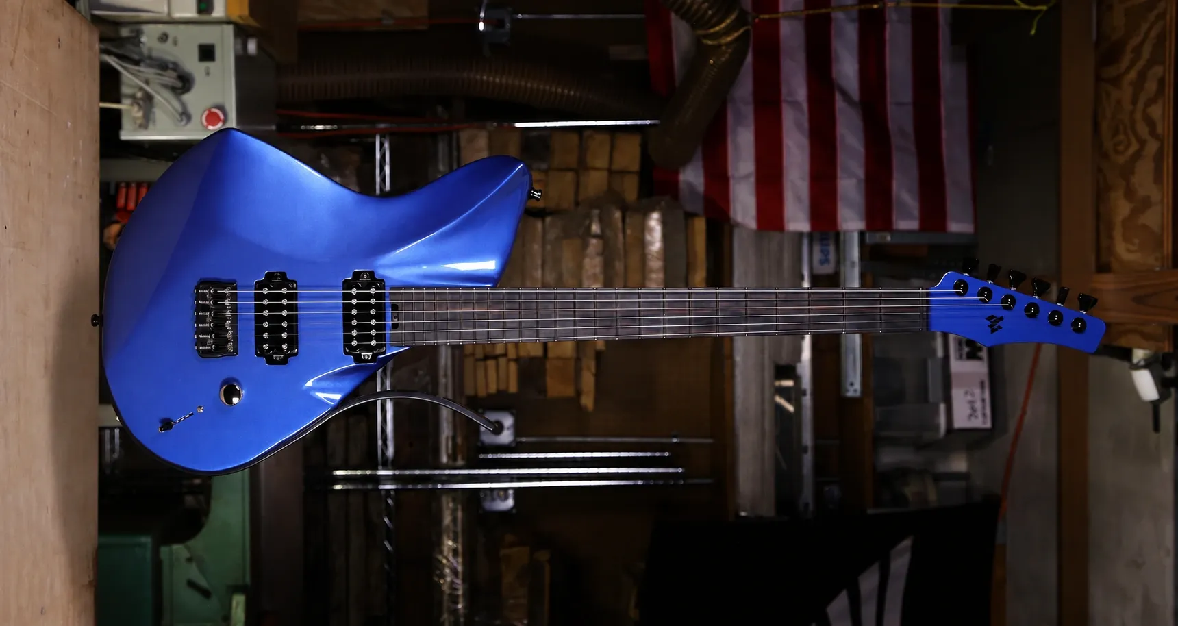 Blue Mirus guitar in the workshop