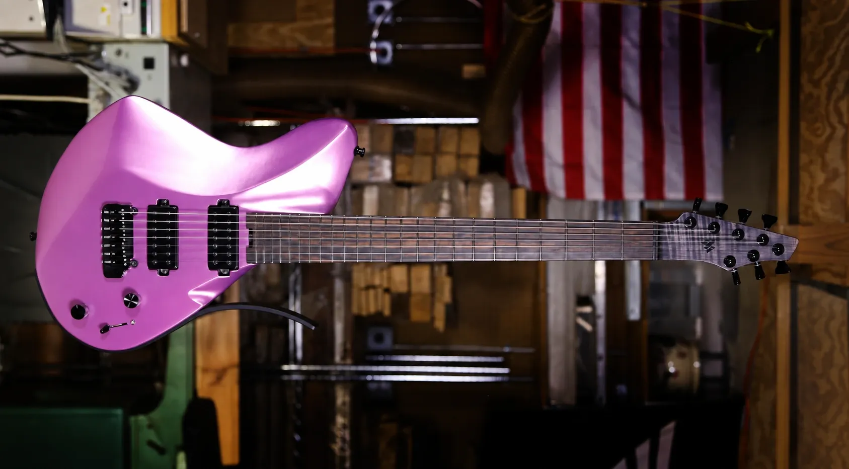 Pink Mirus guitar in the workshop