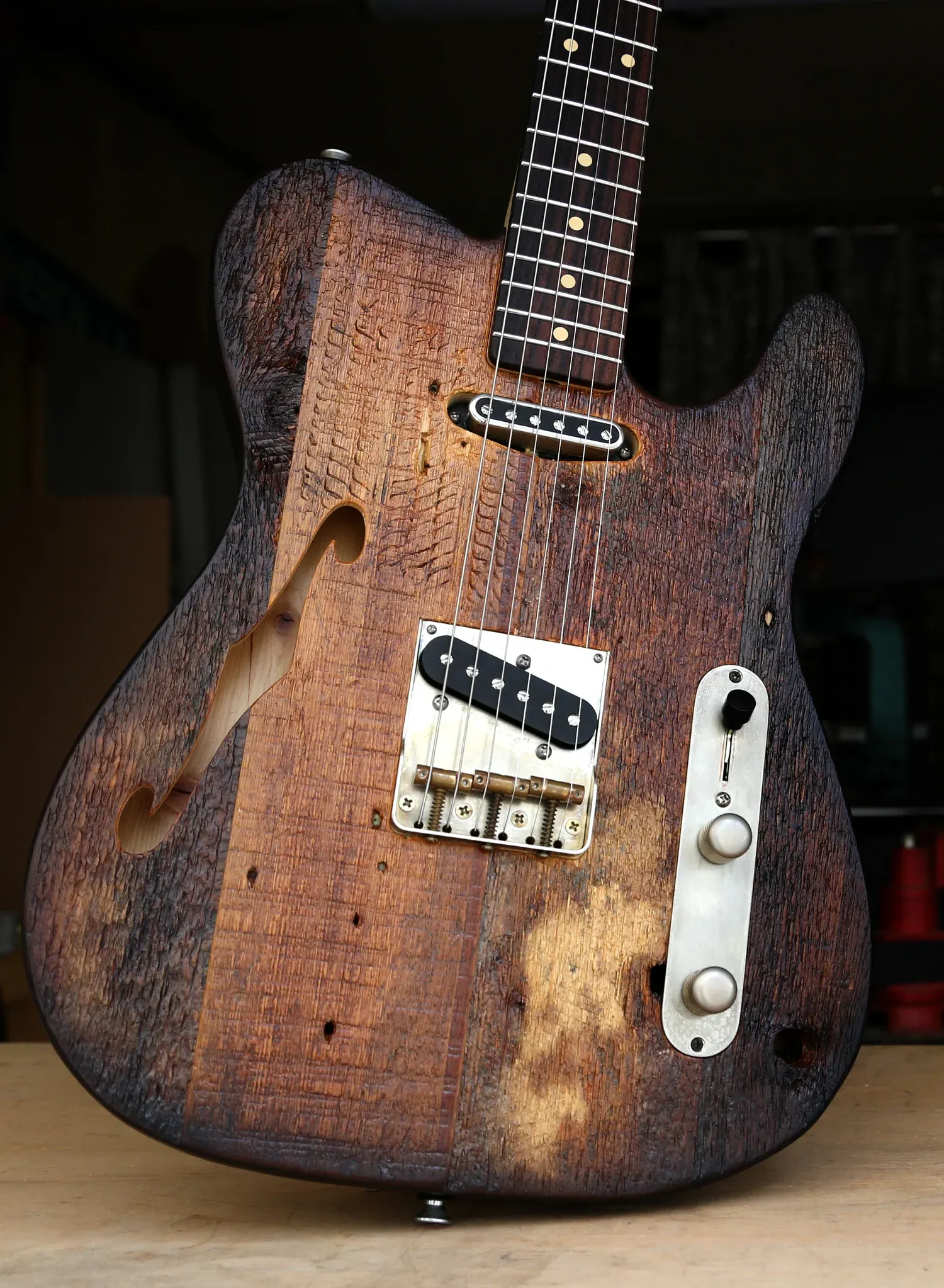 Old growth pine telecaster detail