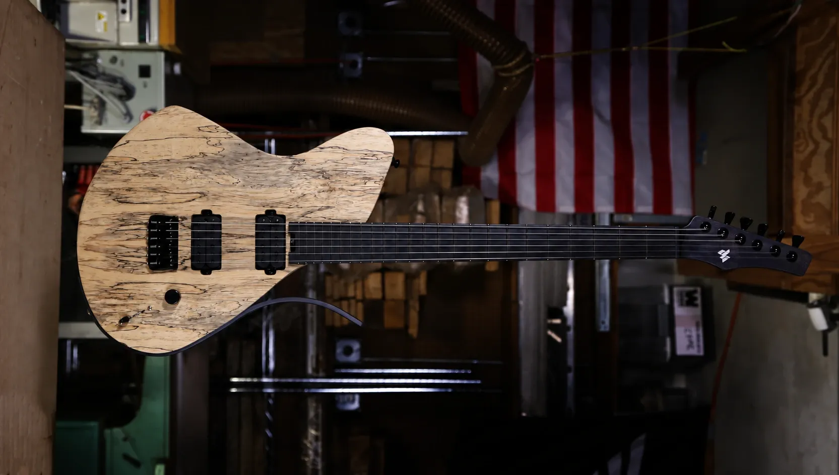 Natural spalted wood Mirus guitar in the workshop