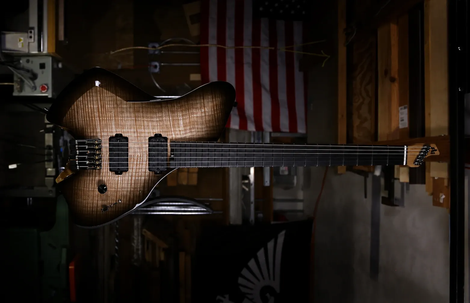 Natural figured wood Headless Mirus guitar