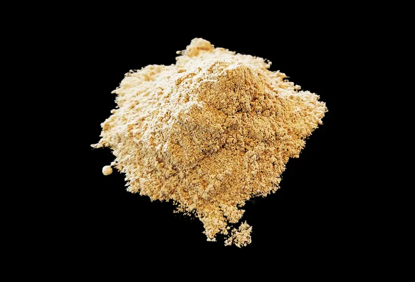 A mound of finely milled dried shiitake powder on black.
