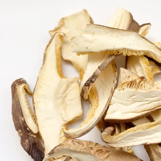 Sliced: dried shiitake cut thin before drying.