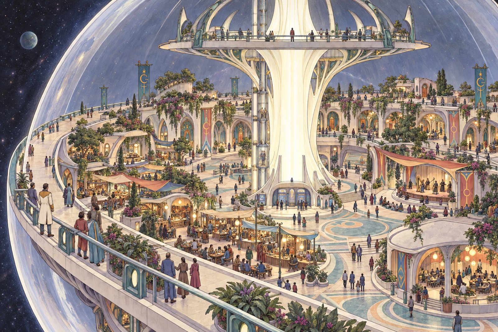 Approved Level 1 direction: sweeping terraces, open arcades, planting and civic life. The measured ship geometry remains authoritative.
