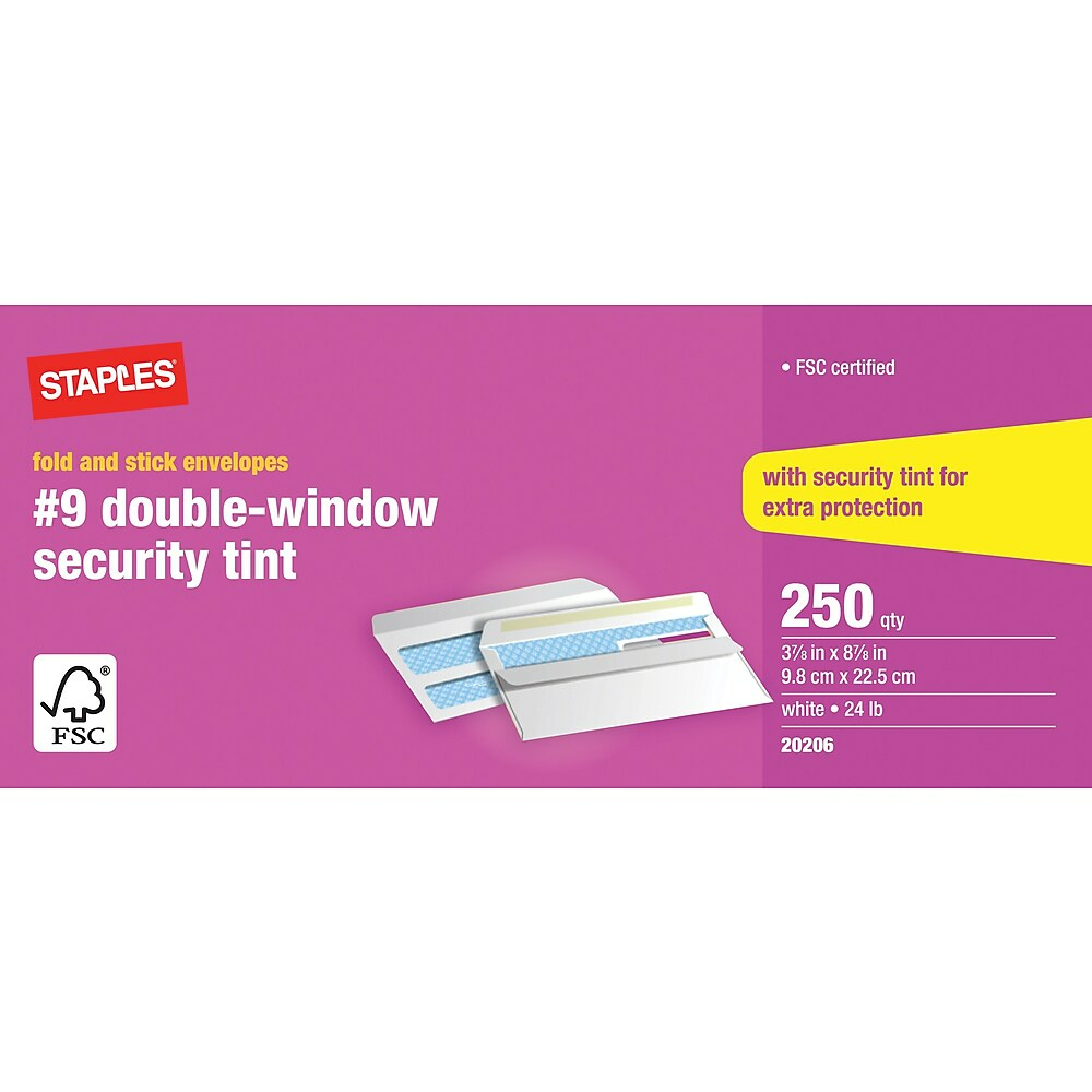 Staples - Enveloppes n° 10 à fenêtre avec rabats gommés, 4 1/8 x 9 1/2 po,  24 lb, blanc, boîte de 500