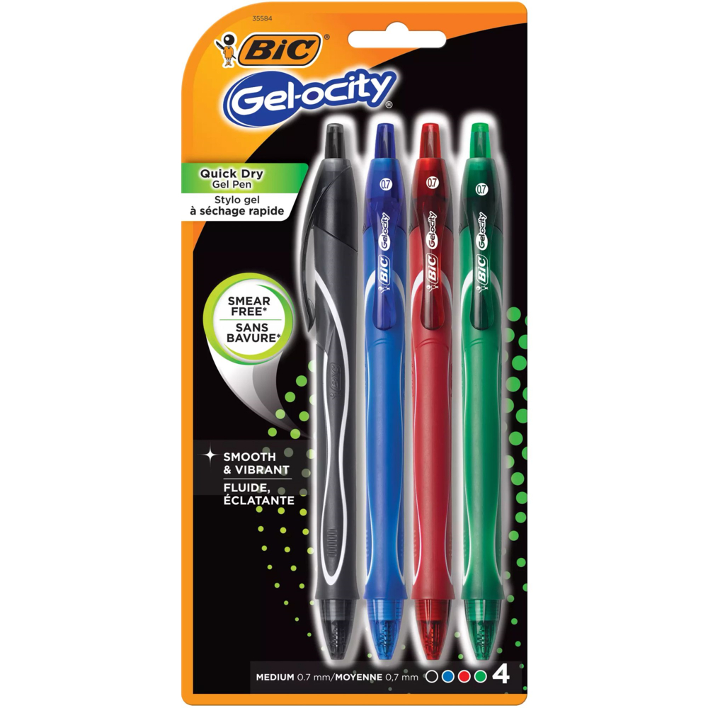 BIC Gelocity Quick Dry Retractable Gel Pen, Medium Point (0.7 mm), Black,  4-Count 