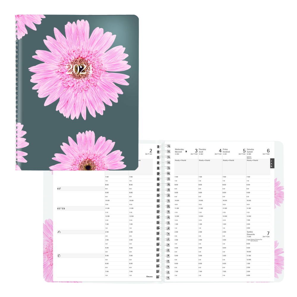  DMNCBBM2PNK24  Blueline - Agenda hebdomadaire Planification  Ruban Rose 2024 - 8-1/2 po H x 6-3/4 po L - Bilingue - Design Pink Daisy