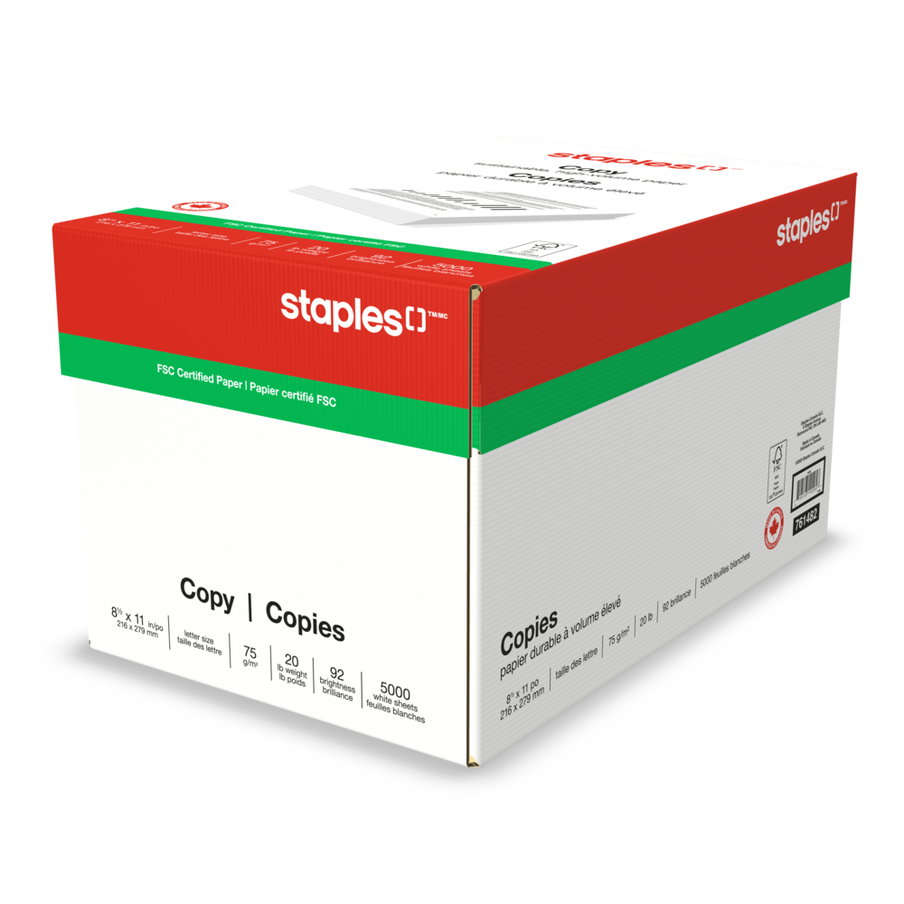  STP122457  Staples FSC-Certified 3-Hole Punched Copy Paper - 20  lb. - 8.5 x 11 - White - 5000 Sheets