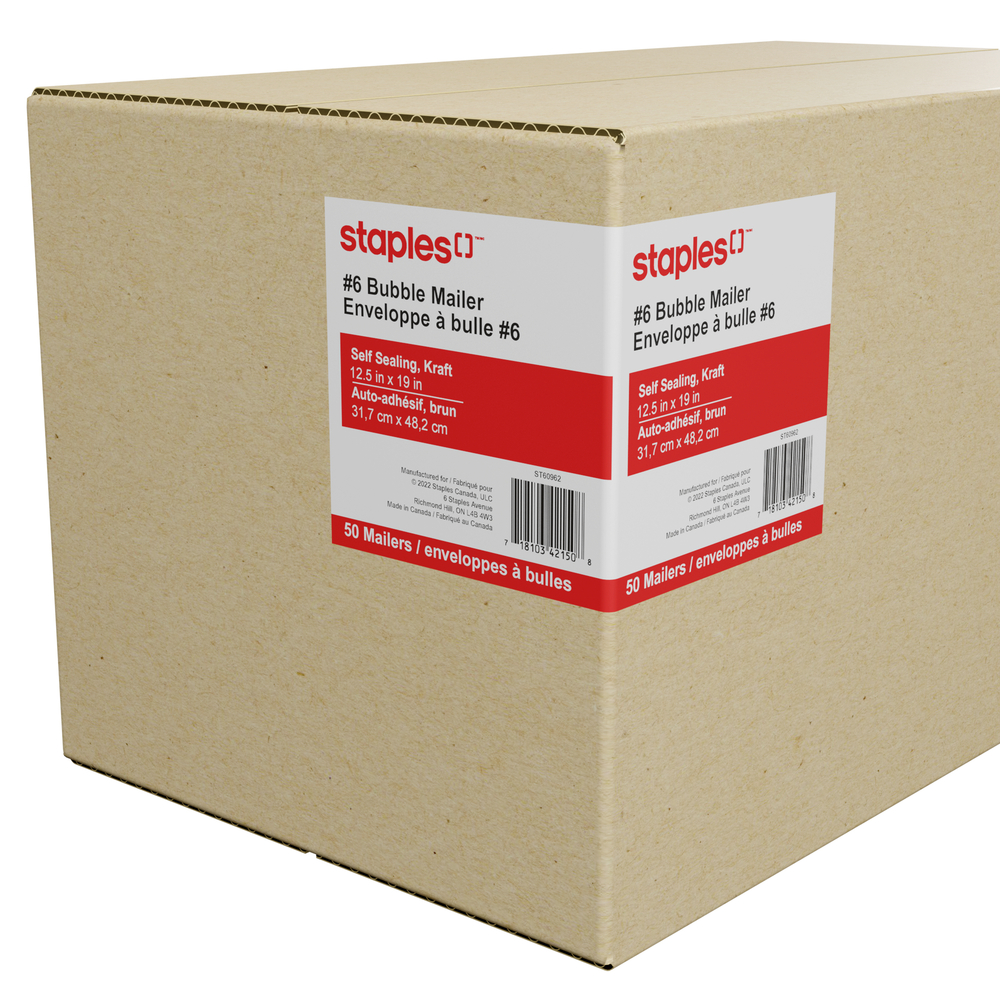  STP56529  Staples - Enveloppe à bulles n deg 5 avec rabat  QuickStrip, 10 1/2 po L x 15 po l, brun kraft, paquet de 12